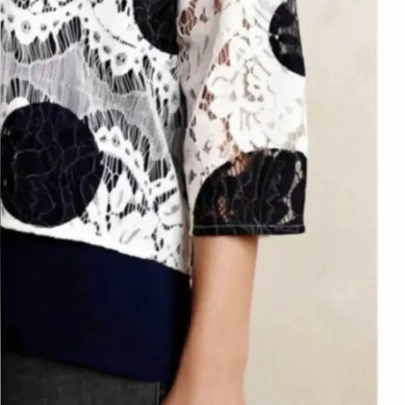 Anthropologie HD In Paris Rochelle Polka Dot Lace Top Blouse Navy Size 4 Small - Picture 5 of 8
